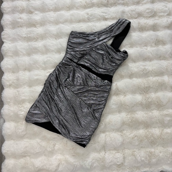 BCBGMaxAzria bodycon one-Shoulder Dress in metallic silver black mesh small nwt - Picture 2 of 5